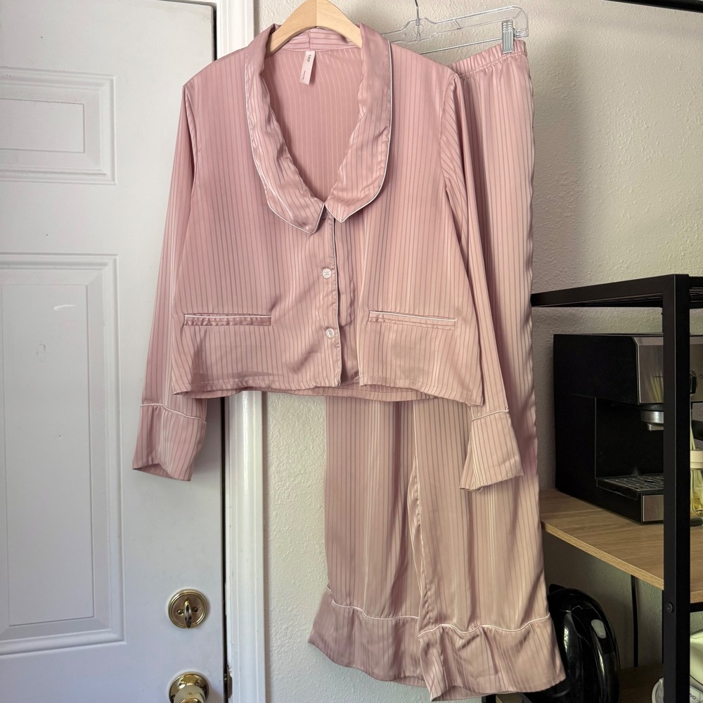 NAP blush dusty rose pink striped satin pajama sleep long sleeve shirt pants set